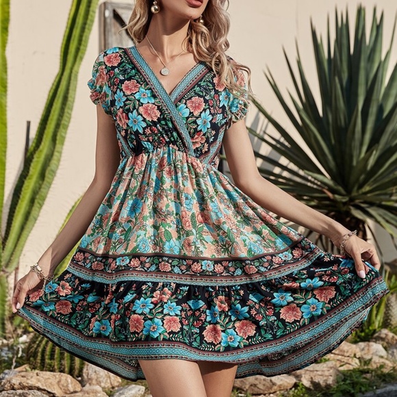 floral print Red v neck ruffle boho gypsy Dress - Picture 2 of 9